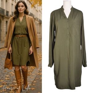 Roots Forest Green Long Sleeve Button Down Casual Shirt Dress